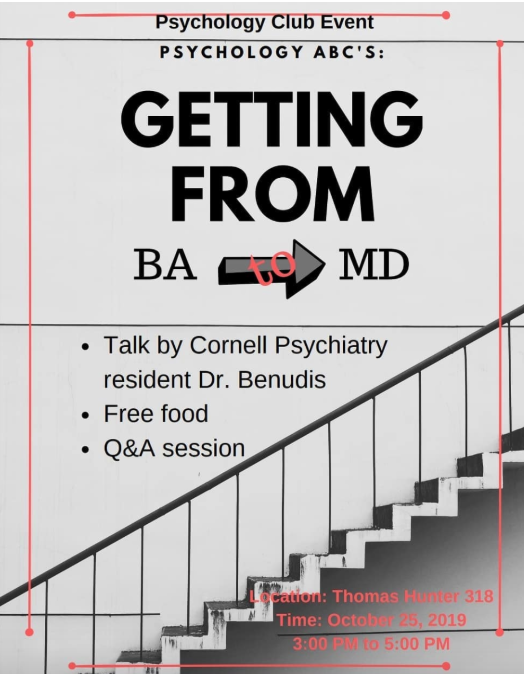 HCPsychColl's tweet image. GETTING FROM BA TO MD: Meet with Dr. Benudis, a resident Psychiatrist at Cornell, to ask questions about Med School and have free food! WHEN: Friday October 25 from 3:00pm-5:00pm. WHERE: Thomas Hunter 318. We hope to see you there!
