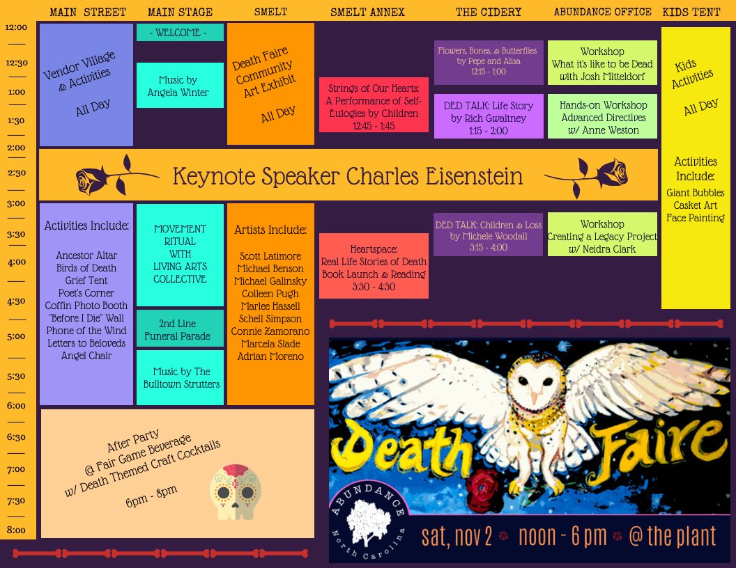 4th Annual Death Faire schedule is up now! Details on performers and speakers, as well as tickets, are available here: abundancenc.org/event/death-fa…
