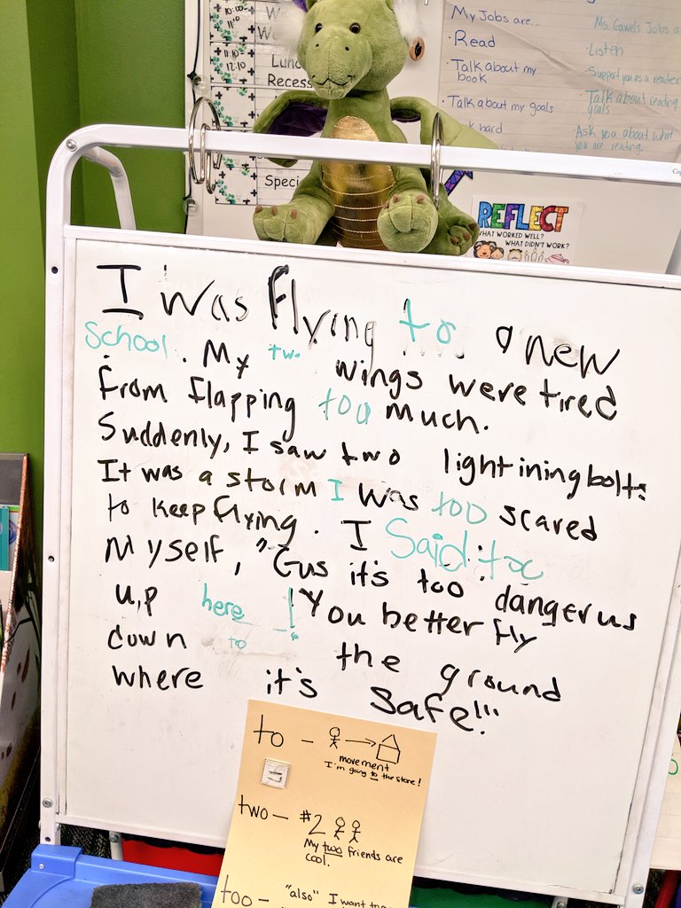 Mrs_Gawel's tweet photo. We love when Gus leaves us notes, and we get to teach him all we know, as Phonics Professors, about those trouble maker homophones! 
#WeAreGroves #phonics @LucyCalkins @TCRWP #GustheDragon #secondgrade @HumbleISD_GE @JulieRoederAFL https://t.co/FB8nqteZqS