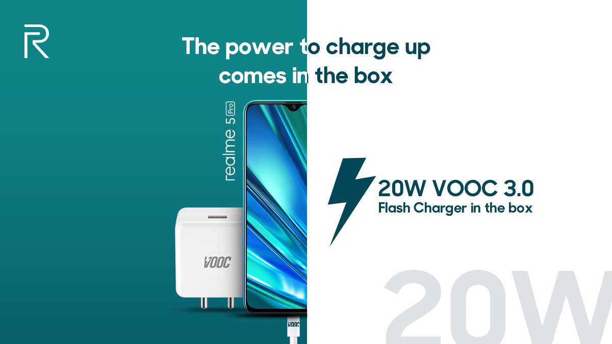 realmeIndia's tweet photo. A fast charger in need is a VOOC charger indeed! With a 20W VOOC 3.0 Flash Charger in the box with #realme5Pro, get rid of all your charging issues and power up in a jiffy. 
Light up your festive mood with the #QuadCameraSpeedster
Know more: https://t.co/2UYJ2PTu9u https://t.co/Y7HYH9HlSK