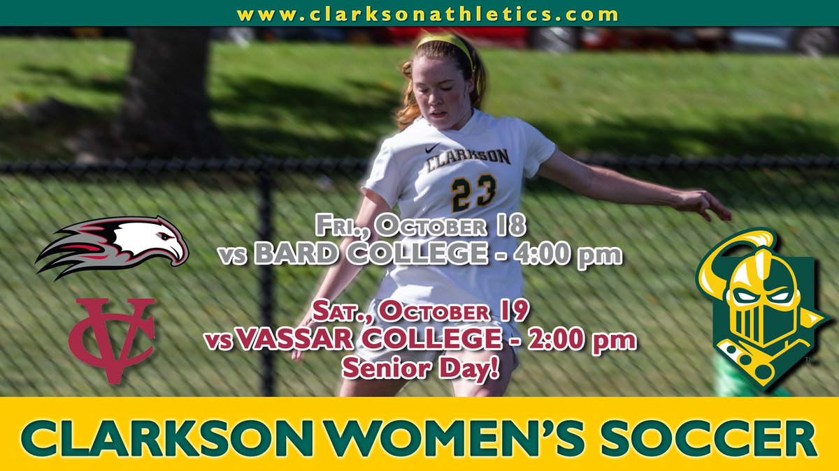 We have a big weekend of <a href="/LLAthletics/">Liberty League</a> soccer action as <a href="/clarksonwosoc/">Clarkson Soccer</a> takes on Bard College at 4:00 pm today and Vassar College tomorrow at 2:00 pm! Stop out to both games and support the Golden Knights! The live stats and stream are available at clarksonathletics.com!