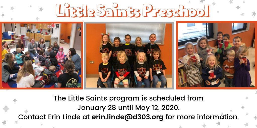 It's time to register for Little Saints Preschool! The program is scheduled from January 28, 2020 until May 12, 2020. The cost will remain at $125. Don't delay so click here to register; docs.google.com/forms/d/e/1FAI…

#d303learns #d303pride #preschool #earlychildhood #qualitystaff