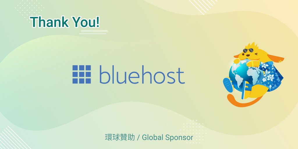 WordCampTaipei's tweet photo. A huge thank you to our wonderful Global sponsor, @bluehost! Your generous contribution is what helps make WordCamp Taipei 2019 even possible, and in turn, growing the WordPress community.

✅ Learn More: https://t.co/hCt52c0Xmh https://t.co/XHQgpAZZTP