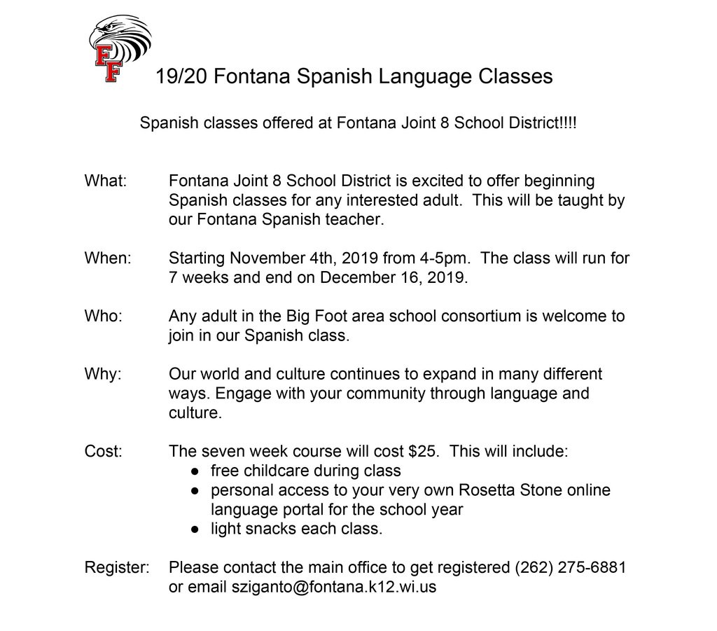 FontanaJT8's tweet photo. Fontana is excited to offer an adult "Spanish for Beginners"!!  All are welcome to join the 7 week course taught by our Fontana Spanish teacher.  Everyone will get access to Rosette Stone's online program for the school year.  The cost is $25 and childcare is available. https://t.co/wbXoVxuS3b