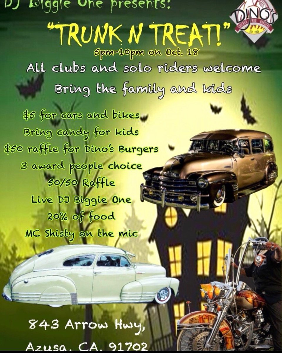 DinosChicken's tweet photo. Come Join us in Azusa today! Enjoy some Cars, Chicken, &amp; Candy! Plus 20% discount on food! https://t.co/fPlHdxDZCO