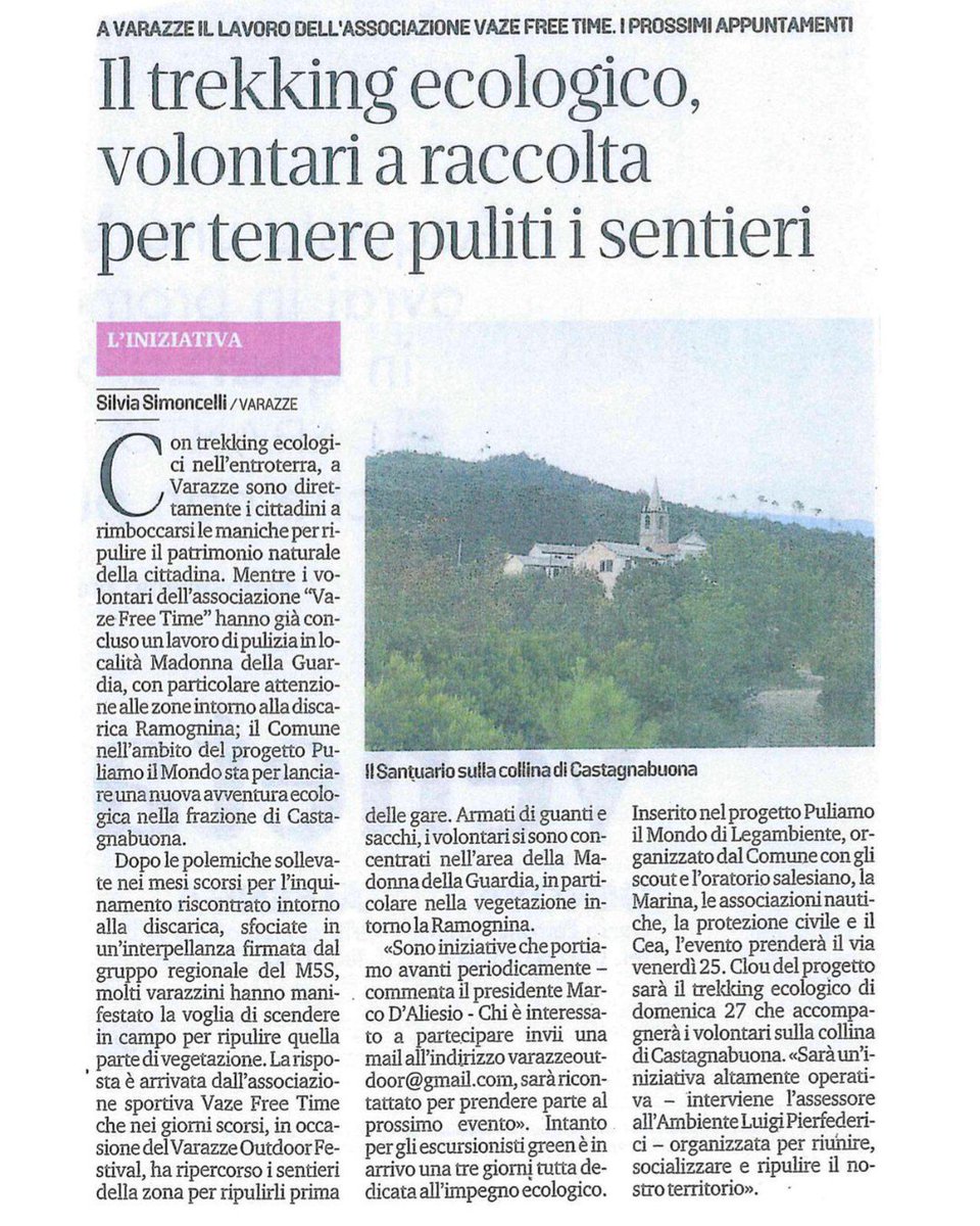 Ecco i prossimi appuntamenti della Vaze Free Time: volontari a raccolta per tenere puliti i nostri sentieri!

#orgogliovarazze #varazze #puliamoilmondo #trekking #ecologico #varazze #portamiavarazze