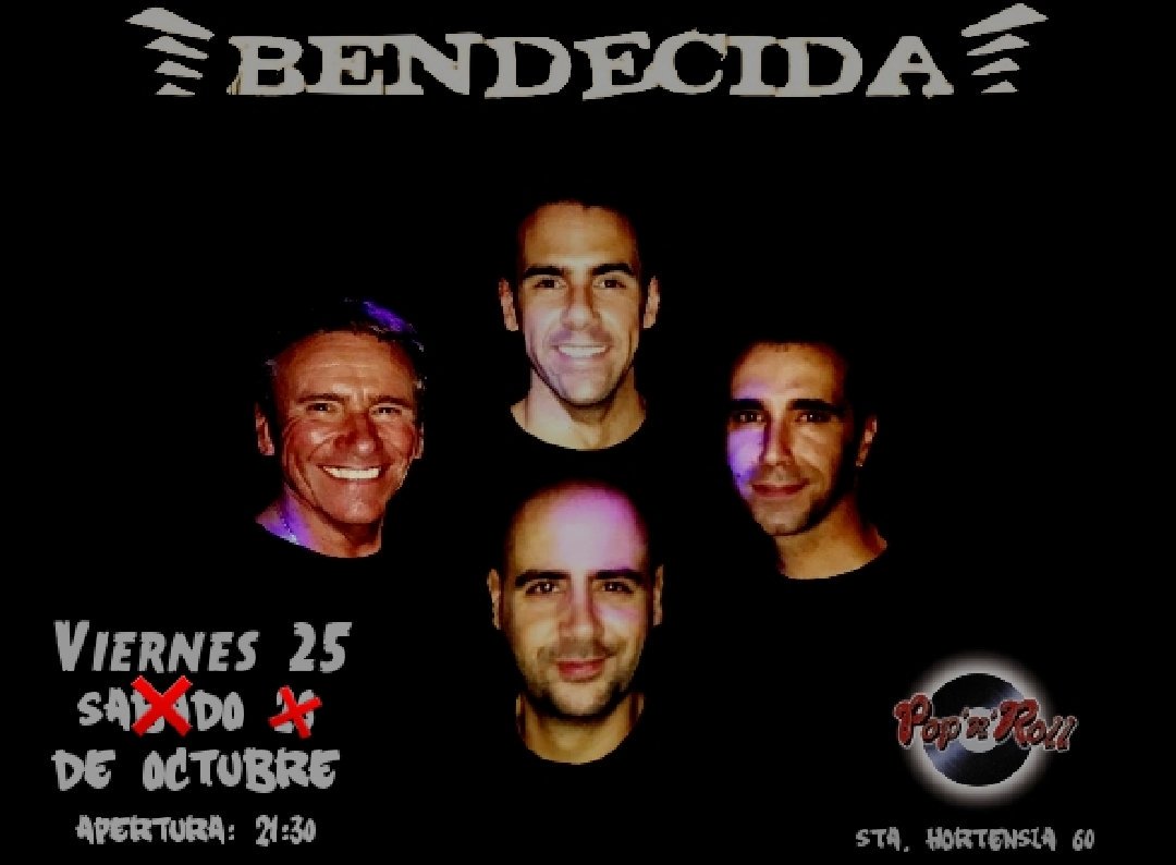 Por motivos ajenos a Bendecida, nos vemos obligados a cambiar de fecha el concierto programado para éste Sabado dia 26. 
Será a la misma hora pero el Viernes dia 25. Os esperamos!!