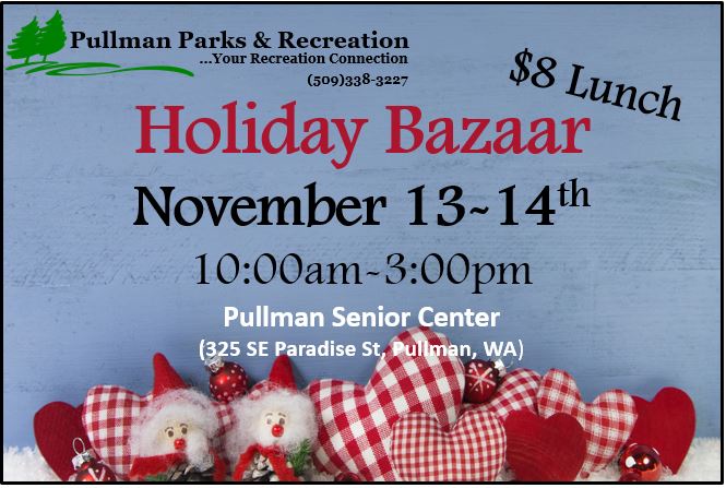 Head down to the Pullman Senior Center for shopping and lunch!

A lunch of BBQ beef sandwich with coleslaw and dessert for $8.00 will be served 11am -1:30pm today &amp; tomorrow.

Great gifts with a variety of hand crafted items &amp; delicious baked goods. 

#PullmanSeniors