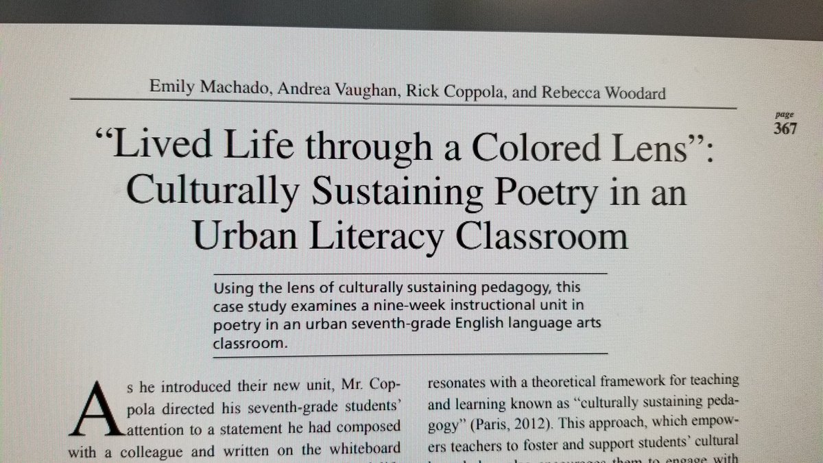 AllisonKester's tweet photo. You know that buzz you feel when you find an article that PERFECTLY aligns with your research? Yeah. That's the best feeling in the world. #TSUEngMAE #ncte #culturallysustainingpedagogy #culturallysustainingpoetry https://t.co/Upx9yLx6sN