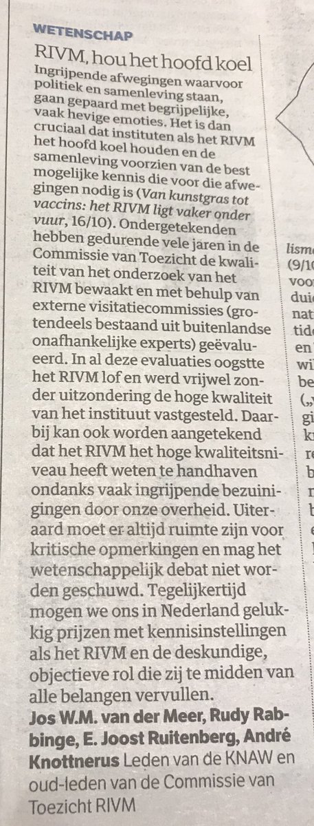 Hart onder de riem van het RIVM. Prima brief van ter zake kundige KNAW-leden in de  ⁦<a href="/nrc/">NRC</a>⁩  ⁦<a href="/rivm/">RIVM</a>⁩ ⁦<a href="/_knaw/">Koninklijke Nederlandse Akademie van Wetenschappen</a>⁩