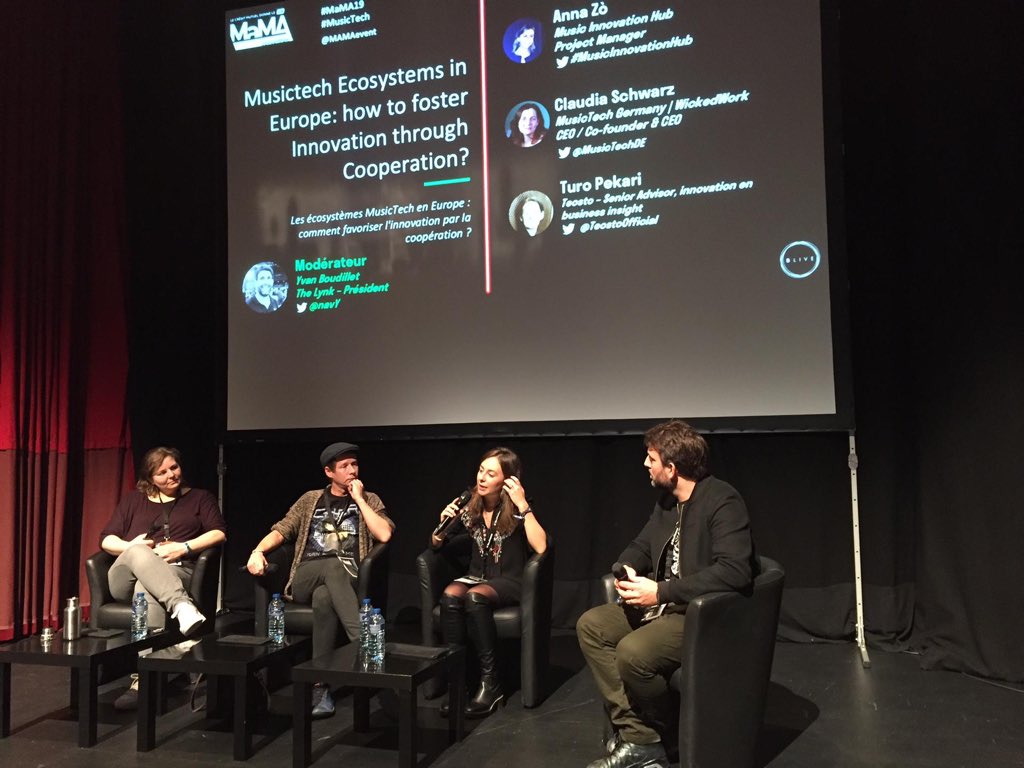 navY's tweet photo. Music x Innovation x Europe = ? We had a forward-looking conversation @MaMAevent about the rise of #MusicTech Ecosystems in Europe with Anna from Music Innovation Hub (IT), Turo from @TeostoOfficial (FI) &amp; Claudia from @MusicTechDE (GER). Rock on ! #MaMA19 https://t.co/4lMAyUo7v9
