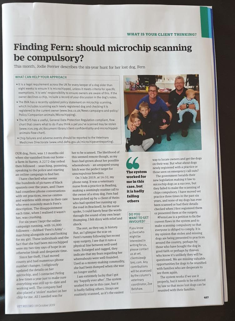 judythevet's tweet image. So happy Fern is finally home, where she belongs!
I believe all vets should routinely scan dogs they&apos;ve not seen before &amp;amp; check their chip details match those given to the practice. What&apos;s the point having compulsory chipping if we don&apos;t use it to reunite lost/stolen dogs? 🐶