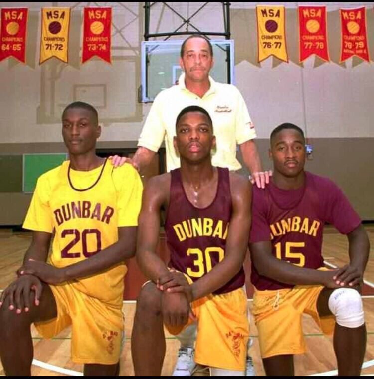 DunbarPoetHoops's tweet photo. #FlashbackFriday Today we’re paying homage to the trio of #DontaBright #KeithBooth & #MikeLloyd who along w/ seniors #CyrusJones & #PaulBanks lead the Poets to the 92’ Nat’lChampionship. The 92’ team is the only team in Poet history w/ #3McDonald’sAll-Americans on the same team. https://t.co/Qob049iz25