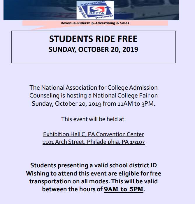 phillynacacfair's tweet photo. School District of Philadelphia students can ride free to and from the Philadelphia National College Fair, Sunday, October 20th Students can ride all modes 9am-5pm. Must present valid School District of Philadelphia ID. https://t.co/1FSwCKoxst
#thankyouSEPTA #phillynacacfair19 https://t.co/Ba7d7RVX4w
