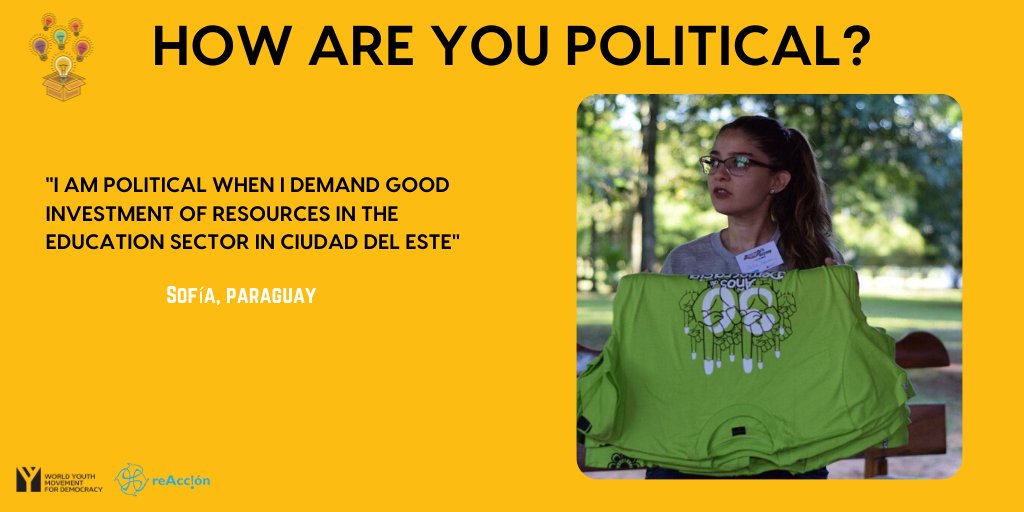 WYMDnetwork's tweet photo. This is how Sofía from @reAccionpy is political!

How are you #political?

Join Sofía  - raise your voice for `the causes you care about. 

#WYDD2019 #iampolitical https://t.co/CJVFGIPDvr