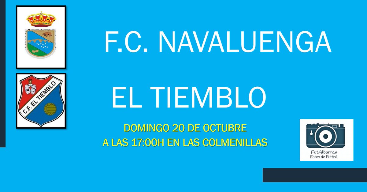 📆Domingo 20 de Octubre
⏰16:15h
🏟️Las Colmenillas
1º Division Provincial
🏡#Avila
<a href="/NavaluengaCF/">Navaluenga C.F</a> - <a href="/ElTiembloCF/">CF El Tiemblo</a>