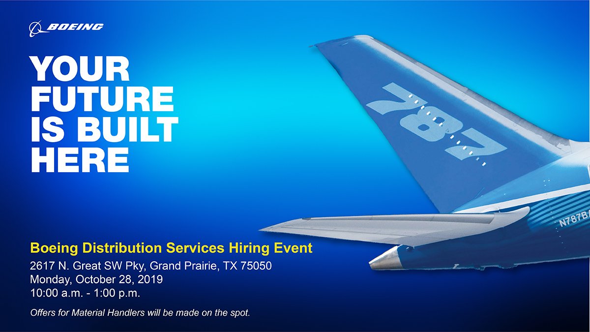 BoeingDistServ's tweet photo. Join Boeing Distribution Services for a Hiring Event in Grand Prairie, TX. We are hiring Material Handlers and will be making offers on the spot!

Click here for more details and to RSVP: https://t.co/1SBllvFYSa https://t.co/lBexCKkDnm