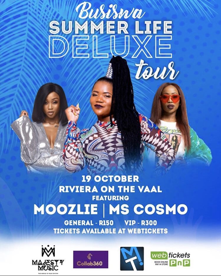 <a href="/busiswaah/">Her Majesty</a> #SummerLifeDeluxeTour ft <a href="/nomoozlie/">#SpiritOfAnOG 🙏🏾💫</a> and <a href="/MsCosmoSA/">MsCosmo</a> tomorrow in the Vaal. Get your tickets <a href="/webticketsSA/">webtickets.co.za</a> 
For more info check poster below 👇
#MusicTime