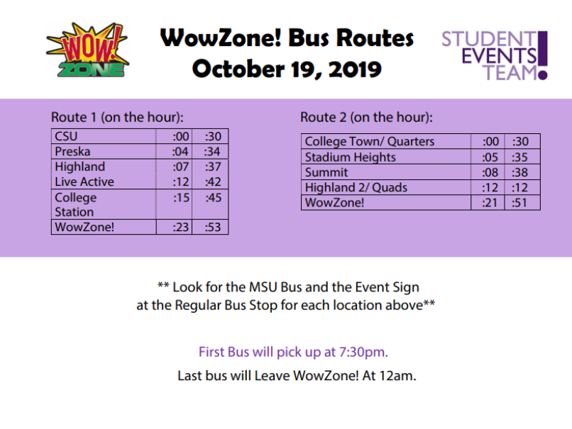 JSearsResHall's tweet image. Get ready for Student Events Team's MSU Night at the Wow!Zone on Saturday, October 19th! The event runs from 8 PM - 12 AM and is free for college students, all you need is your MavCard to sign in! There will be two busses shuttling students to and from the Wow!Zone as well!
