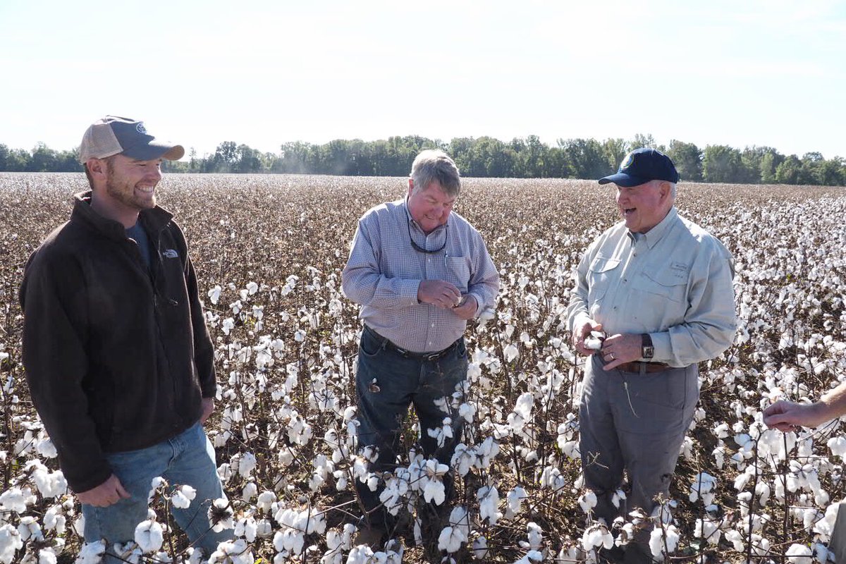 SonnyPerdue's tweet image. Also stopped by a cotton field owned by Pugh Farms. Eugene and his sons are fourth and fifth generation farmers producing cotton, soybeans, corn, wheat and cattle. They let me hop in the combine and pick some cotton myself.