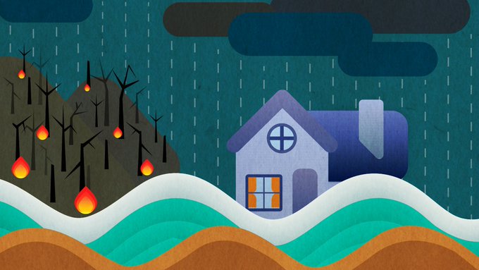 Image of a flooded house and a wildfire next to it. 