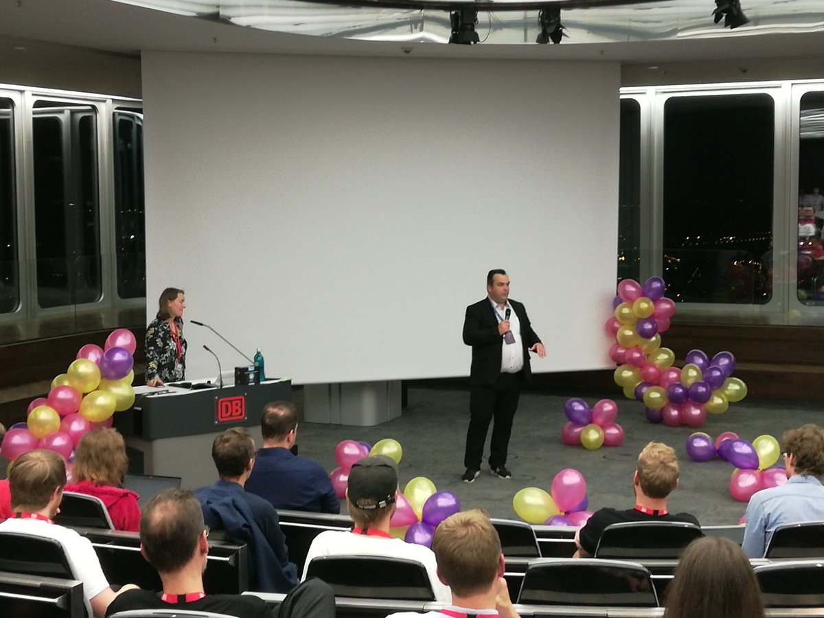 RalfDMueller's tweet photo. now @dc7590 on #hacktoberffm stage @dbsystel ! ๐ https://t.co/9xbeQX4qzd