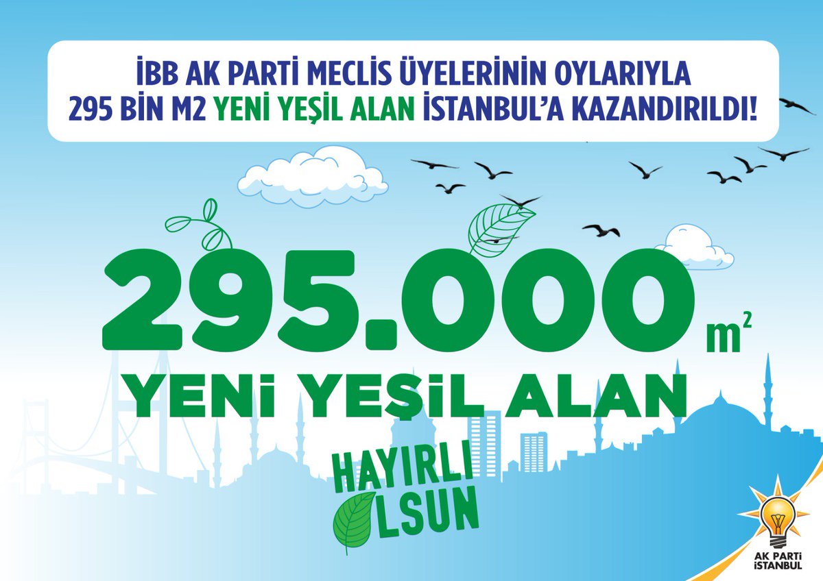 İBB AK Parti Meclis üyelerinin oylarıyla  #295binM2YeniYeşilAlan İstanbulumuza kazandırıldı! 
🌲
#295binM2YeniYeşilAlan 
İstanbul a hayırlı olsun... 🌳🌲🌿🌱
