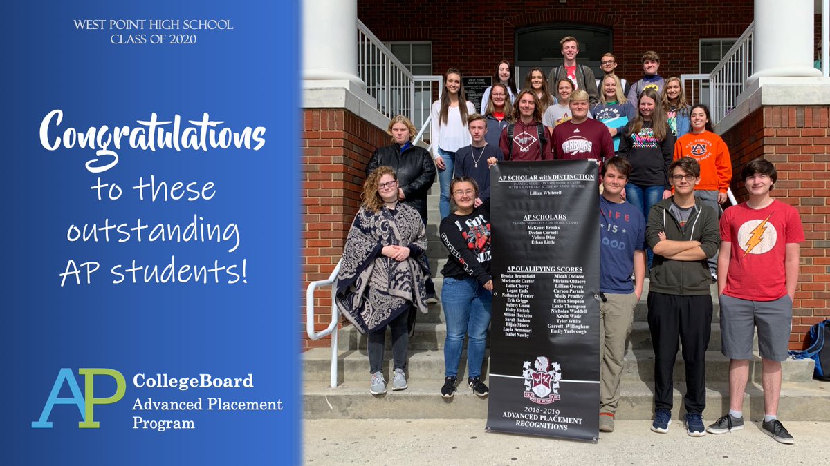 WestPointHigh's tweet photo. Congratulations to all our 2019 students who earned a qualifying exam score! These seniors and our May graduates will be recognized at tonight’s game where they will receive $100 for each passing score! #onPoint #expectmore19 https://t.co/6NkcLMANhM