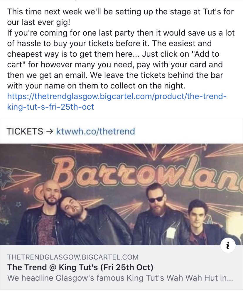 Making life easier for everyone, ticket links on the pic. 
Next Friday we’ll be playing our last ever gig at King Tut’s. 10th time playing there... How many bands are lucky enough to say that?
