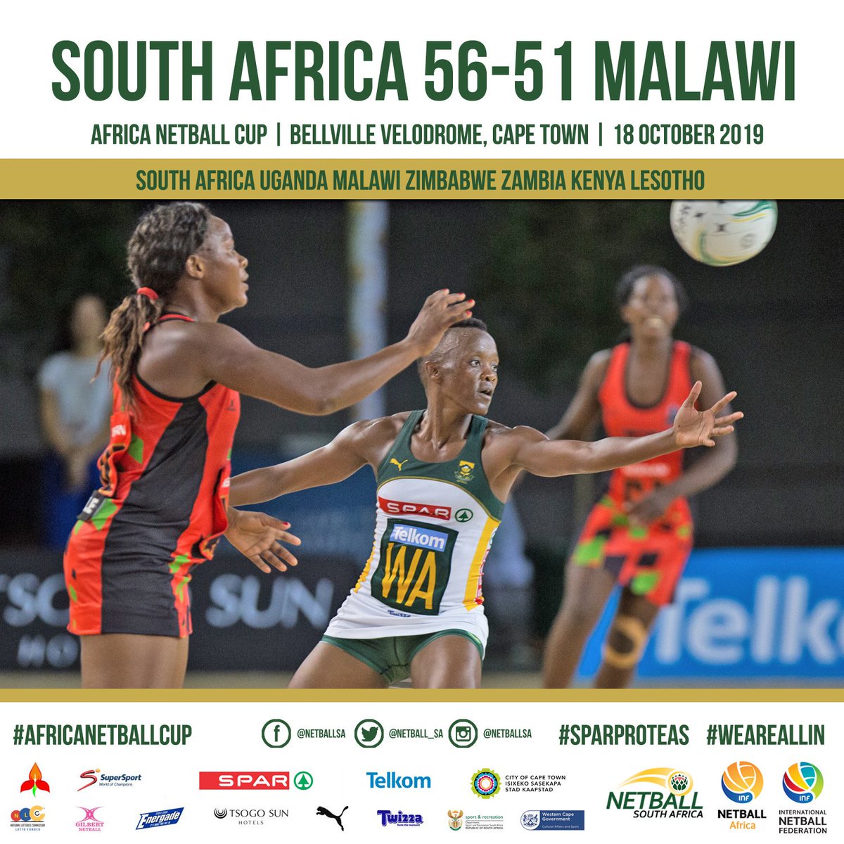 YES!⚡️
South Africa make it 2-from-2 at the Africa Netball Cup in Cape Town.🙌🔥❤️

🇿🇦 South Africa 56-51 Malawi 🇲🇼
🇿🇦 South Africa 116-10 Lesotho 🇱🇸

#AfricaNetballCup #SPARProteas #WeAreAllIn #RSAvMAL