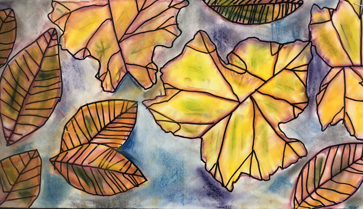 Wind swept pastel leaves by 4th graders... we all have plenty of experience with this lately. Warm vs. cool colors were emphasized. #ellingcen #clsstripes