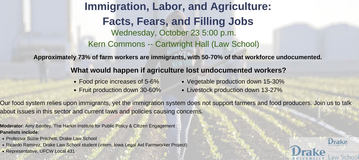 Ag Immigration panel on Oct 23, <a href="/DrakeLawSchool/">Drake Law School</a> Kern Commons at 5 pm!  Hope to see you there