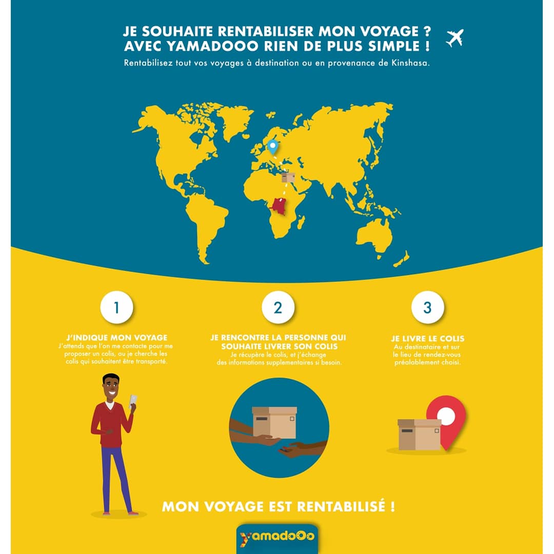 YaBisoPonaBiso's tweet photo. @yamadooo est une plateforme de transfert de colis entre particuliers et met en relation des voyageurs du monde entier à destination ou en provenance de Kinshasa. Créée dans le but de faciliter et simplifier les envois entre particuliers, elle permet de rentabiliser leurs voyages https://t.co/fgSwCozAjN