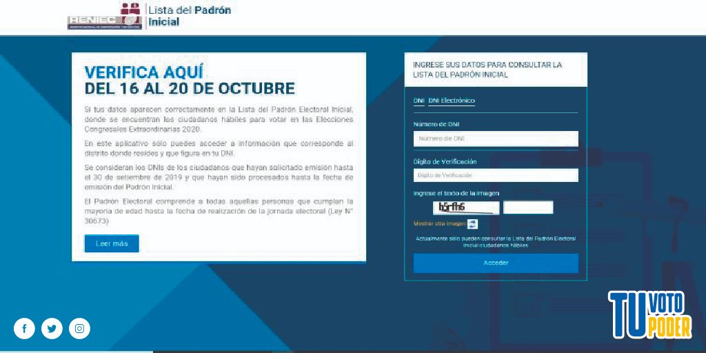 TuvotoTupoder's tweet photo. ¿Estás habilitado para votar en las elecciones congresales 2020? 🤔
Averigua si te encuentras dentro del Padrón Inicial de electores que pueden sufragar https://t.co/n5ZFikOPkT
#Tuvoto #Tupoder https://t.co/5c7mjxPyd7