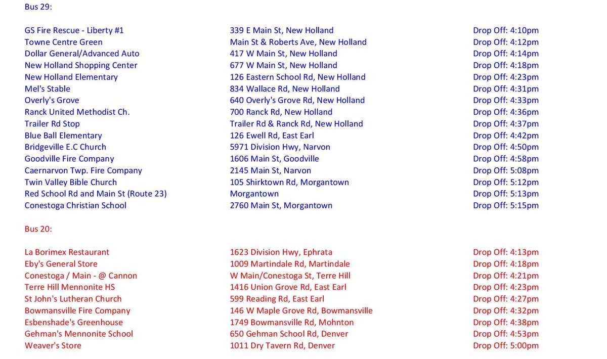 ELANCOSD's tweet image. Please see the updated stop list for the Garden Spot late bus. Also note approximate drop off times. Be advised that if your learner does not depart the bus at the designated stop closest to their address, they will be returned to GSHS for parent pick up.