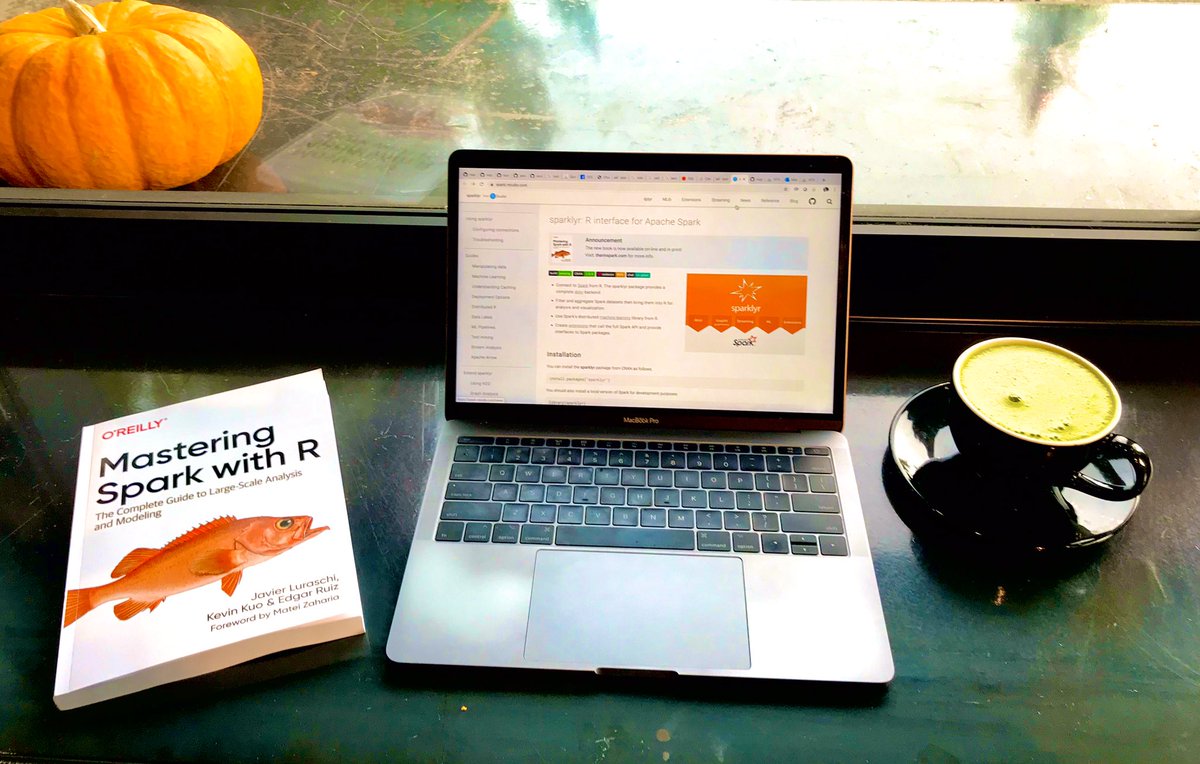 javierluraschi's tweet image. Some copies of “Mastering #Spark with #rstats” are already arriving! 😍 New link to 📖 at spark.rstudio.com by @theotheredgar — But most importantly, I just realized the 📖, the website, the #sparklyr logo, #pumpkins 🎃, and fall 🍁 share the same color 🎨 palette!