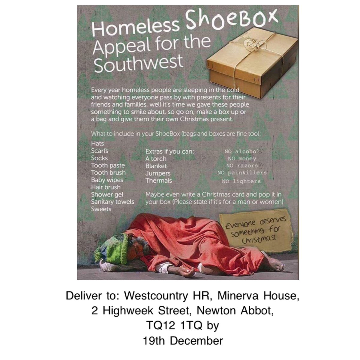 This is my 3rd year doing the Shoebox Appeal for the Homeless at Christmas.  

All items are collected by the Salvation Army and distributed in Newton Abbot and the surrounding area over the Christmas period.   

Last year we had over 150 which was fantastic.

Please share.