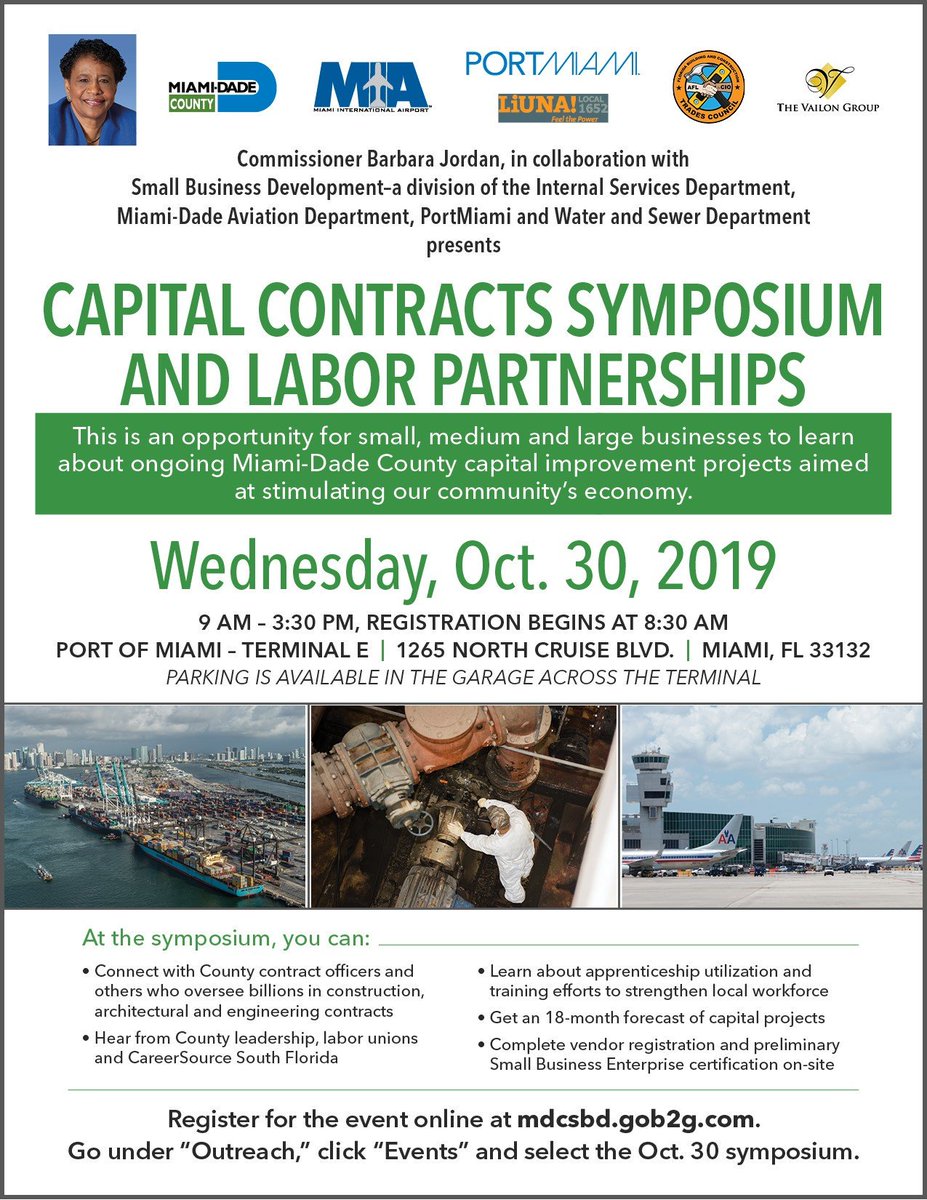 OUAmdcps's tweet photo. Miami-Dade County is offering an incredible certification opportunity for Small Businesses through their CAPITAL CONTRACTS SYMPOSIUM on October 30, 2019. Get information on construction contracts, hear testimonials , and initiate the vendor/certification process with MDC!! https://t.co/r1LoOmjXJb