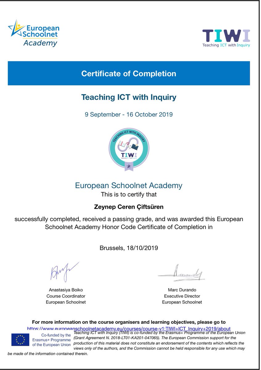 Zeynepcerenerik's tweet image. Thanks to  @eu_schoolnet for another useful💯  #MOOC #TIWIProject . I got my certificate 📌Teaching #ICT with Inquiry 📌🤩Looking forward to other MOOCs🚀🚀 @scientix_eu @ScientixTurkey @fcl_euschoolnet @FclTurkiye
