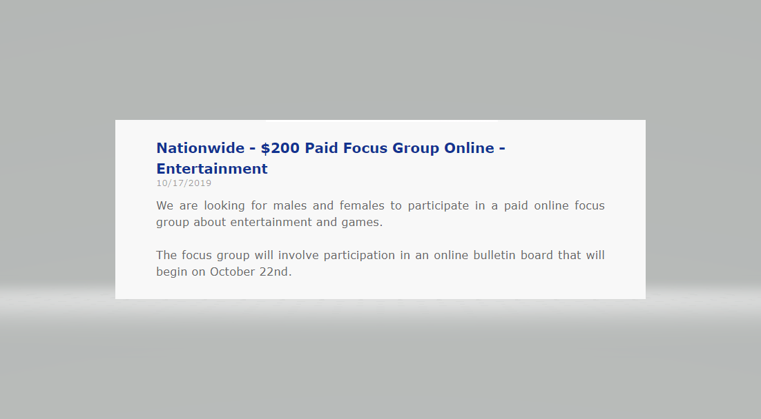 Nationwide - $200 Paid Focus Group Online - Entertainment 
bit.ly/2OUglax
