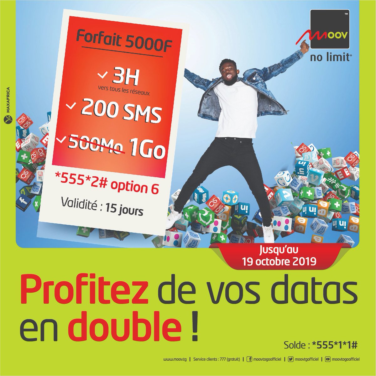 moovafricatg's tweet photo. Jusqu'au 19/10:

👉🏾 Le forfait Mixte de 9500F en 𝐏𝐑𝐎𝐌𝐎 c'est 𝟑𝐆𝐨 +6h d'appels tous réseaux +100SMS valables 30J! Tapez *555*4*1#.
👉🏾 Le forfait Mixte de 5000F en 𝐏𝐑𝐎𝐌𝐎, c'est 𝟏𝐆𝐨 +3h d'appels tous réseaux +200SMS valables 15J! Tapez *555*2*6. Solde: *555*1*1. https://t.co/eBhnYWnJGx