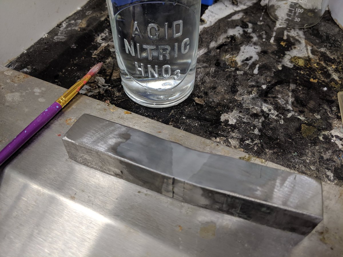 Jenskie_Science's tweet photo. It's pretty exciting when I get to use my chemistry skills to help out other faculty! Today I prepped a nitric acid solution for our #weldingclass - see how it changed the color of the steel so you can see the weld? #collaboration https://t.co/gBaEN09btp
