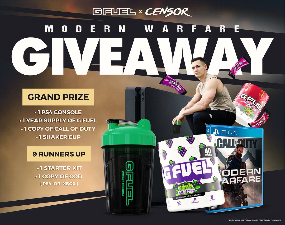GFuelEnergy's tweet photo. ⚠️ #GFUEL x @Censor GIVEAWAY ⚠️

To celebrate the upcoming launch of #ModernWarfare, we’ve launched an action-packed giveaway with the big dawg - @censor!!!

💛 LIKE + RT + FOLLOW US 
🤝 TAG A FRIEND IN THE COMMENTS

ENTER: https://t.co/U2O4nbTiYO 👈 https://t.co/kQY6qU79yT