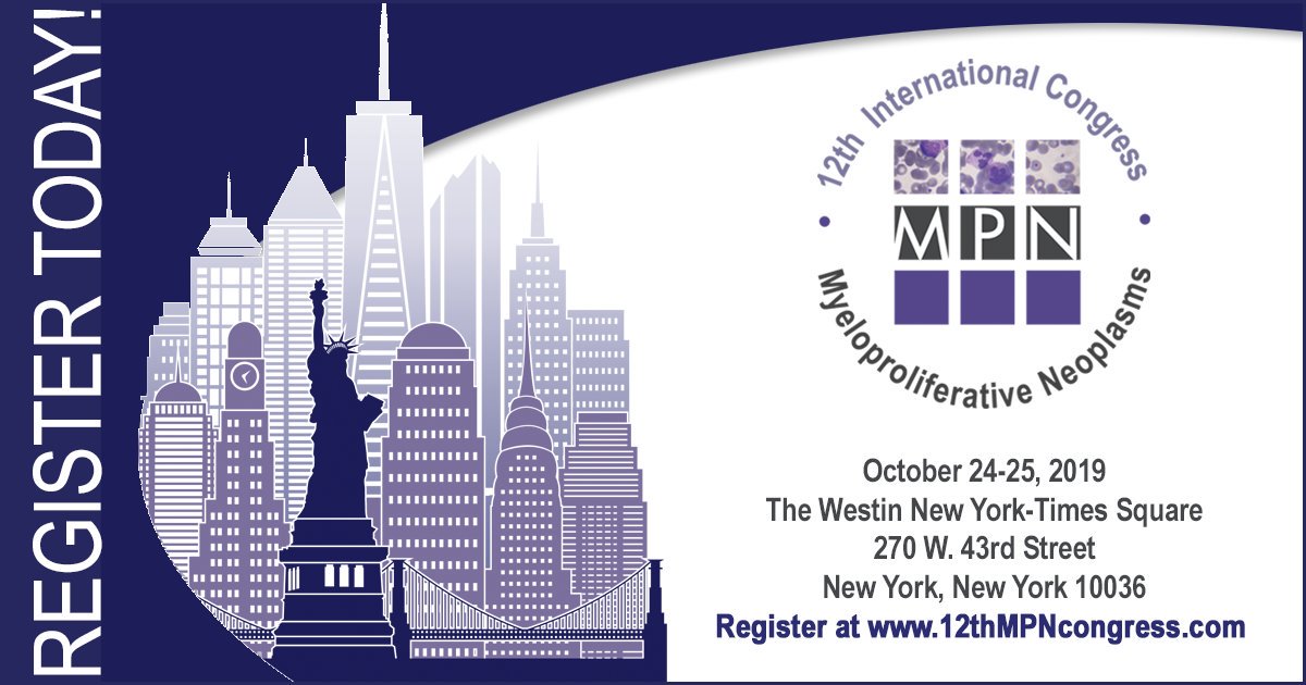 Excited for the 12th Intl Congress on Myeloproliferative Neoplasms next week in NYC!  Join us! bit.ly/MPNcongress
#MPNsm #myelofibrosis #polycythemiavera #essentialthrombocythemia #CML #hematology #rarebloodcancer #raredisease #MPNcongress #CME