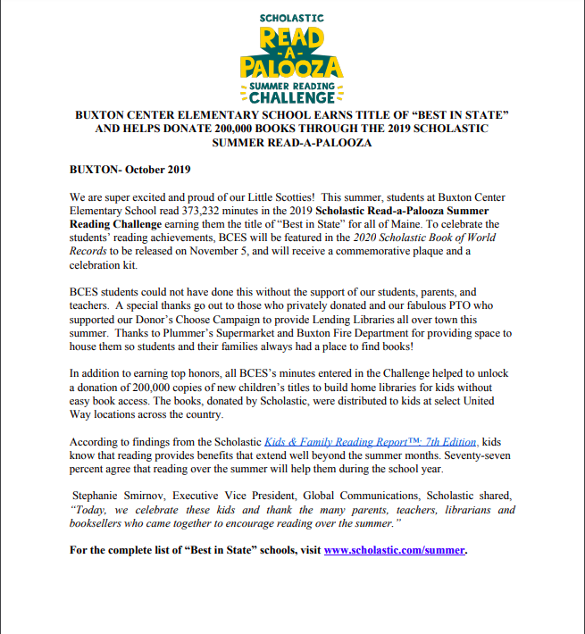 Who's the best?  BCES!  Best in the state for the Scholastic Read-a-Palooza!  See the press release below!