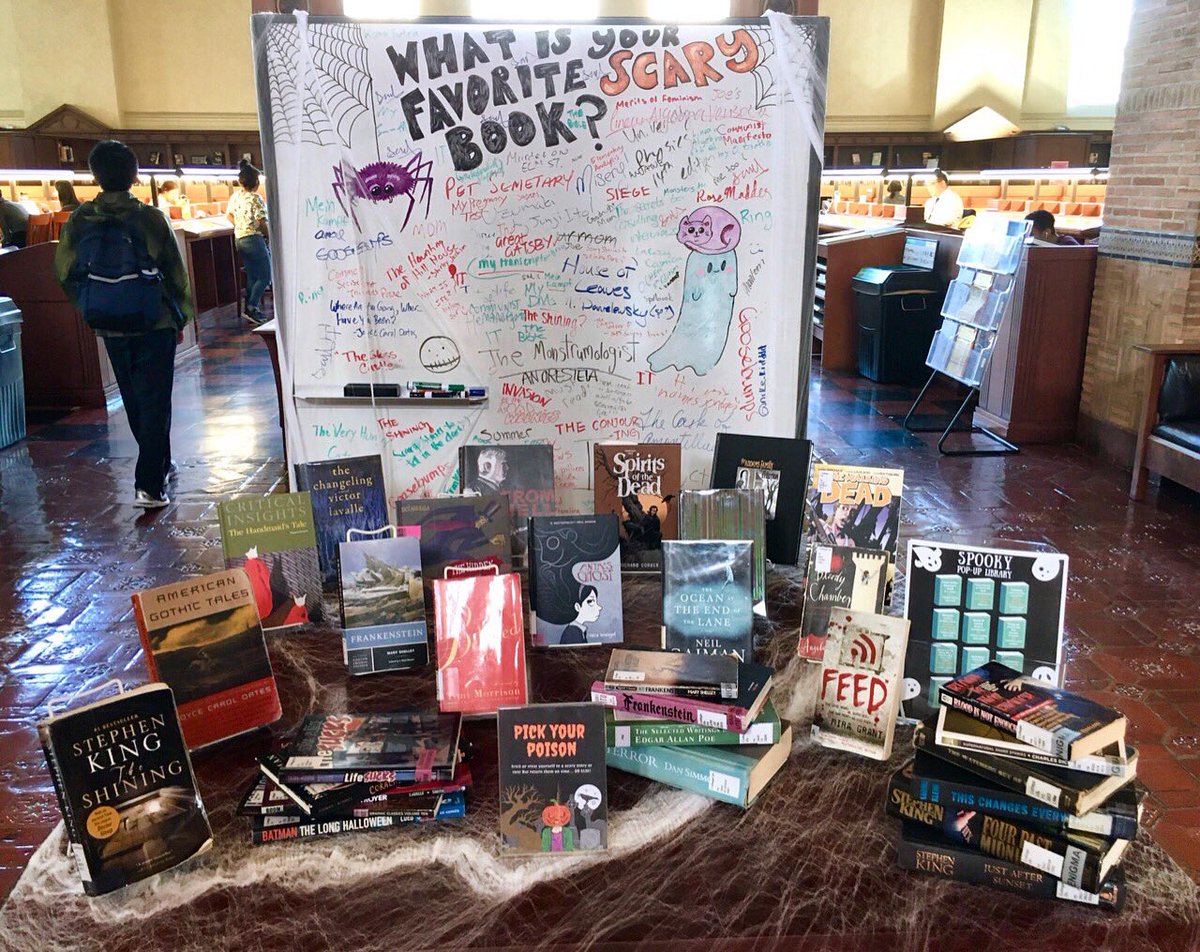 UCLALibrary's tweet photo. Trick or treat yourself to a spooky story or two from our pop-up library! We gathered your recommendations and added a few of our own. Come grab them while theyβre here but return them on time... OR ELSE!! Mwah ha ha ha! π»ππ¦ππΈ #halloweenbooks #powelllibrary https://t.co/XF4EbdlnJL