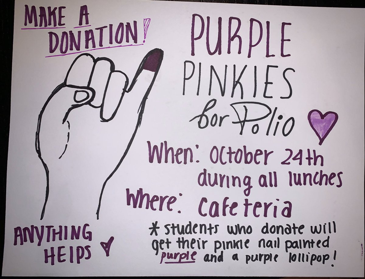 caitlinmegarge's tweet photo. Make sure to stop by the cafeteria next Thursday during your lunch to donate for #purplepinkieday ! You will get your pinkie nail painted purple and candy! Let’s work together to help #EndPolio !
@rrhsknights @Interact201920 @RoyalZetch https://t.co/TEIrVi196l
