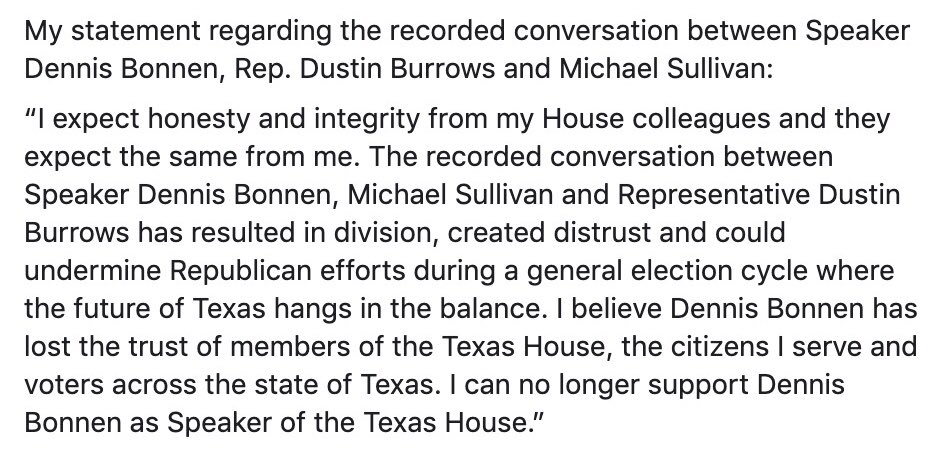 Rep. Dwayne Burns out with Facebook statement on @RepDennisBonnen/@Burrows4TX controversy: “I believe [Bonnen] has lost the trust of members of the Texas House, the citizens I serve and voters across the state...I can no longer support [Bonnen] as Speaker.” #txlege