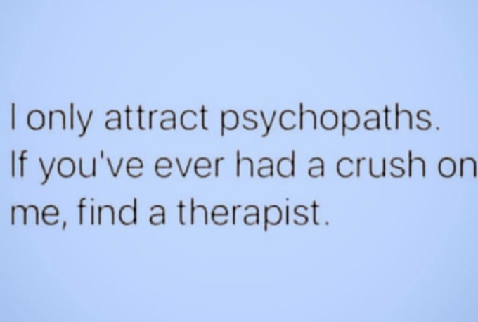 I only attract psychopaths. If you&rsquo;ve ever had a crush on me, find a therapist 😂🤷&zwj;♀️ https://t.co/Q6<a href="/tag/mvsales"class="tags"><span>#mvsales</span></a>