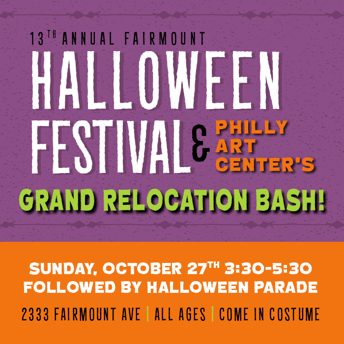 PhillyArtCenter's tweet photo. Join us for our Grand Relocation Bash &amp; Annual Halloween Festival next Sunday, October 27th from 3:30-5:30pm! FREE festive fun for all ages includes spooky make-n-take art, ribbon cutting, Mummers and a parade. Come in costume and help us celebrate our brand new studio space! https://t.co/8bxoxXQ35Y